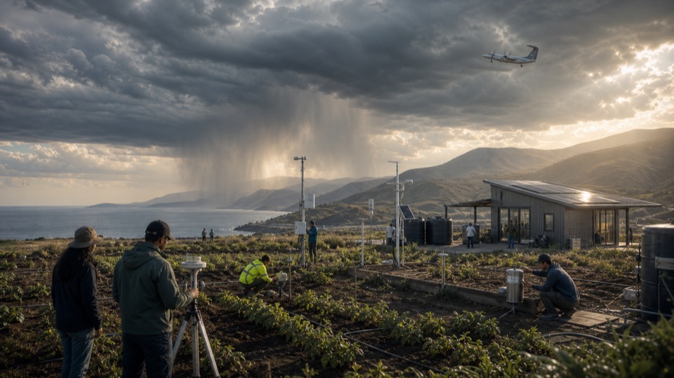Researchers and local water stewards measure an existing coastal rain cloud with field instruments beside a small solar-powered station