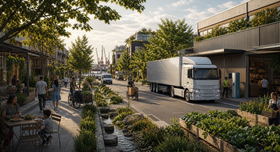 A heavy freight truck at a service bay within a walkable port district of gardens, water channels, cargo bikes, homes, and public life