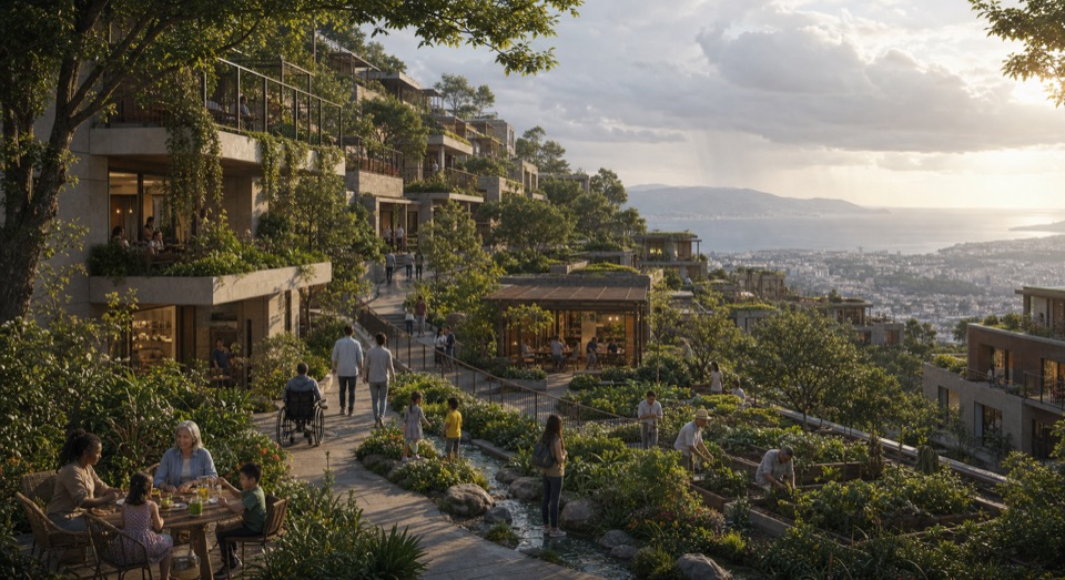 An accessible terraced hillside neighbourhood with homes, gardens, workshops, water channels, shared spaces, and a coastal city below