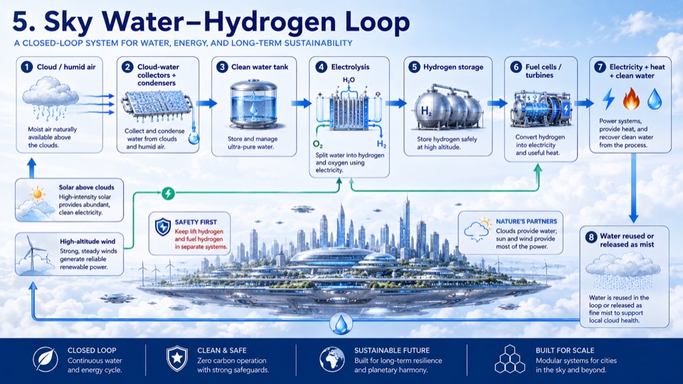 Annotated blue and white diagram of a speculative flying city collecting cloud water and producing hydrogen