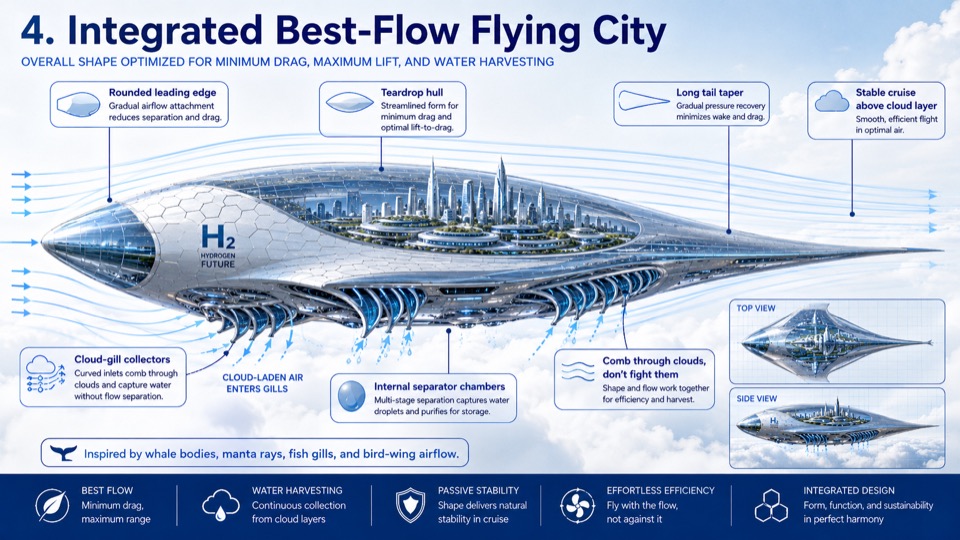 Annotated concept board of a silver teardrop-shaped flying city above clouds
