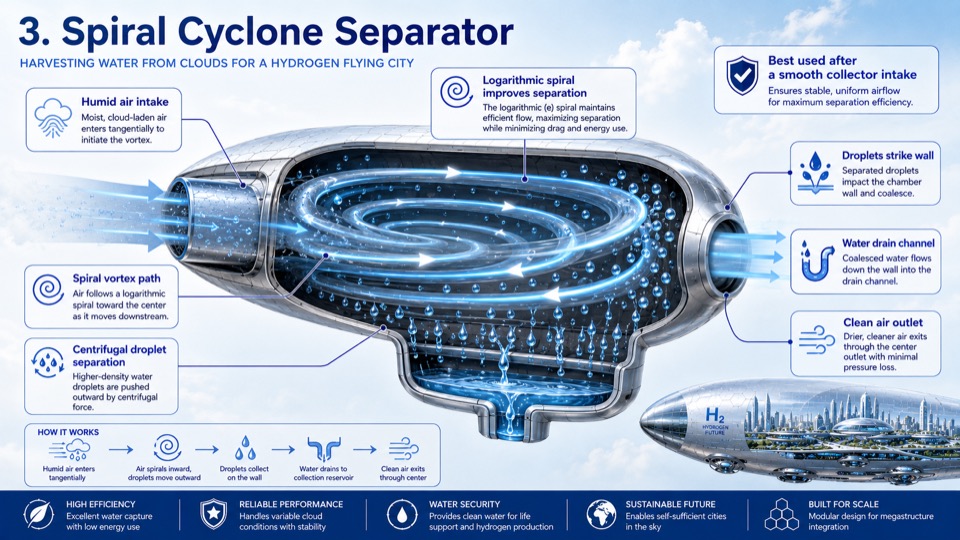 Annotated cutaway of a metallic spiral separator collecting droplets from humid air