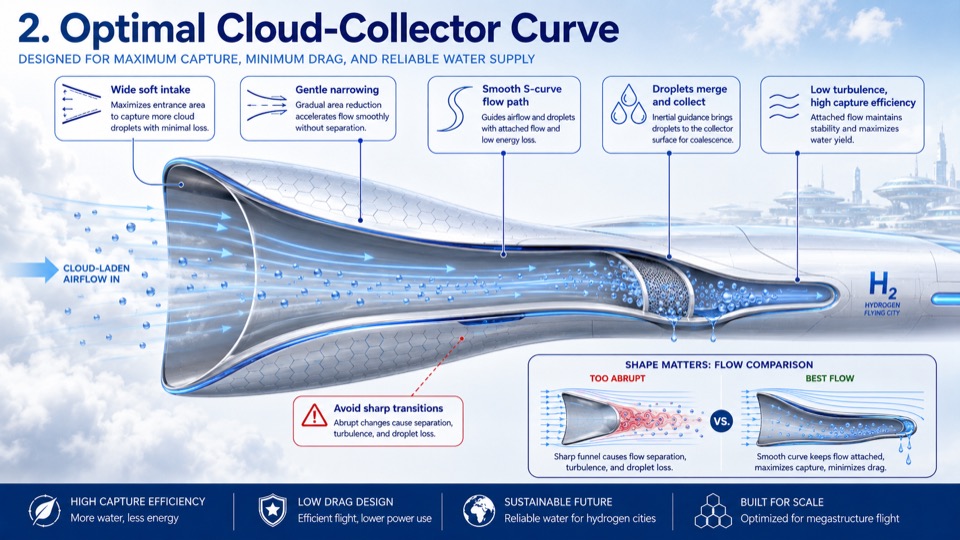 Annotated blue-white aerodynamic intake curve showing droplets moving through a collector
