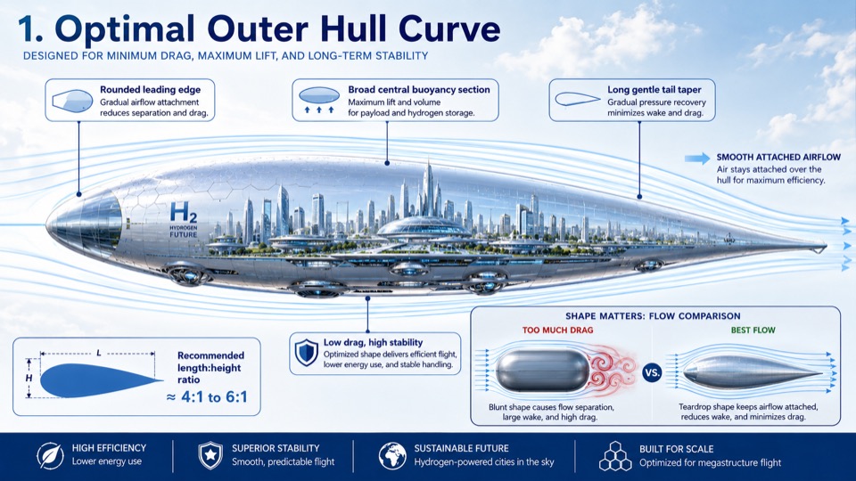 Annotated aerodynamic comparison surrounding a large silver flying-city hull