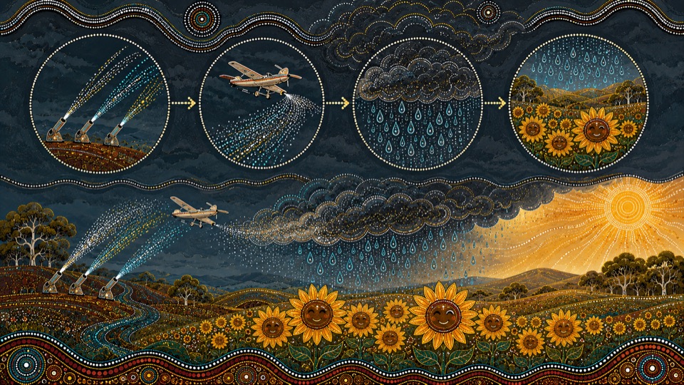 Decorative dotted weather sequence with aircraft, cloud, rain, sunflowers, and dark ornamental borders