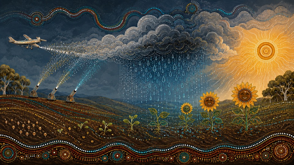 Dark dotted landscape moving from aircraft and rain clouds to growing smiling sunflowers