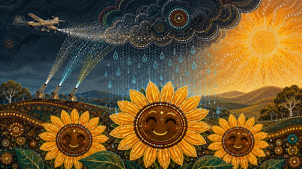 Three smiling decorative sunflowers beneath a dotted rain cloud and bright sun