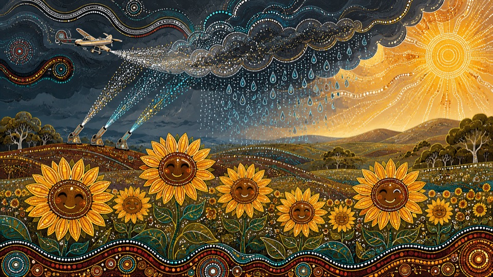 Smiling decorative sunflowers in a dotted landscape beneath aircraft, rain clouds, and golden sun
