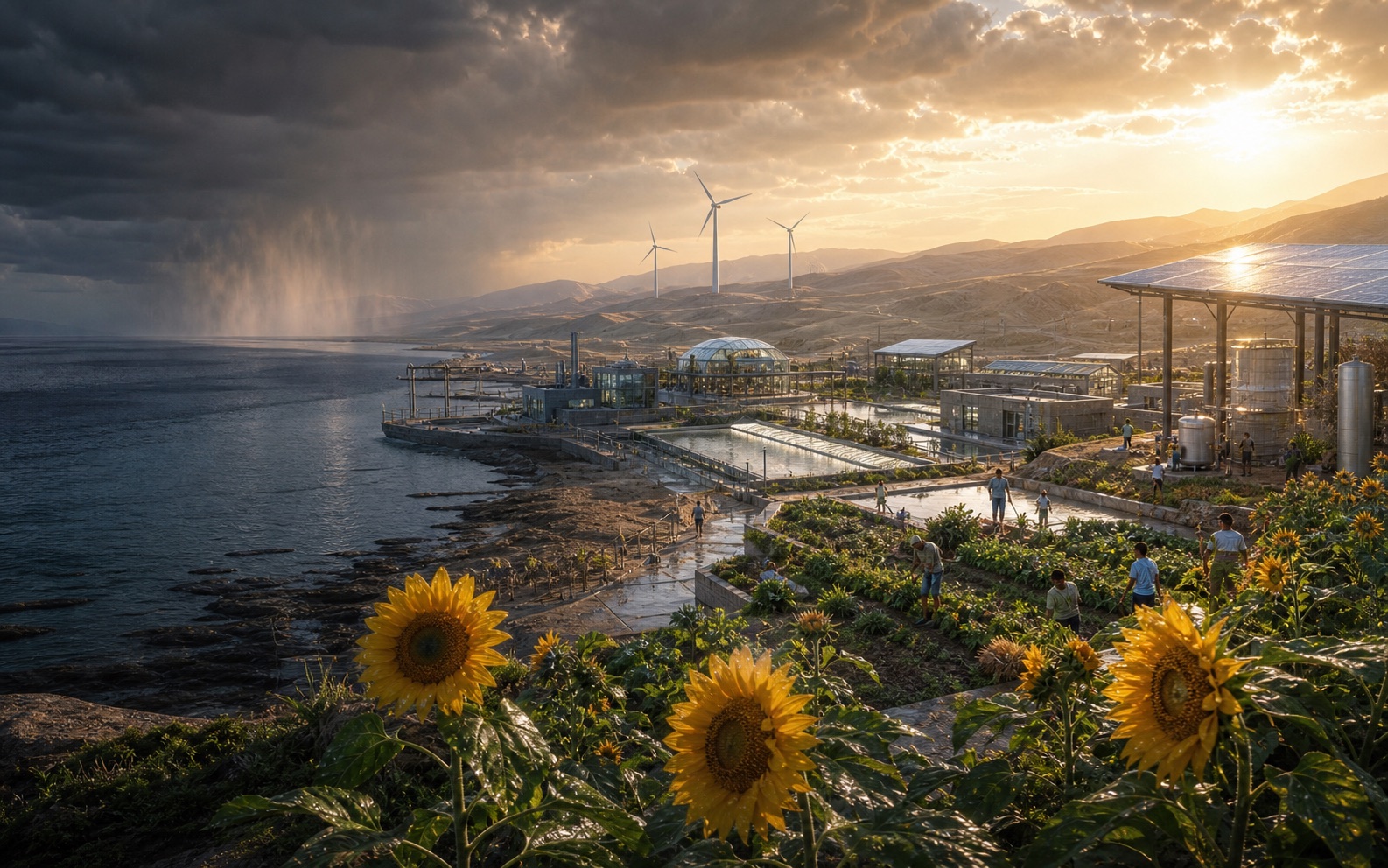 A grounded coastal resilience pilot with renewable power, water systems, gardens, and people after rain