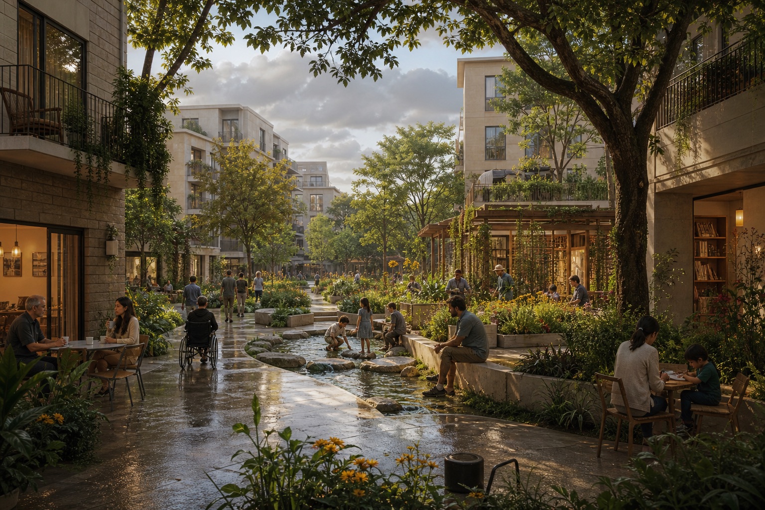 A shaded, accessible neighborhood with private homes, gardens, water, shared work, rest, and community spaces
