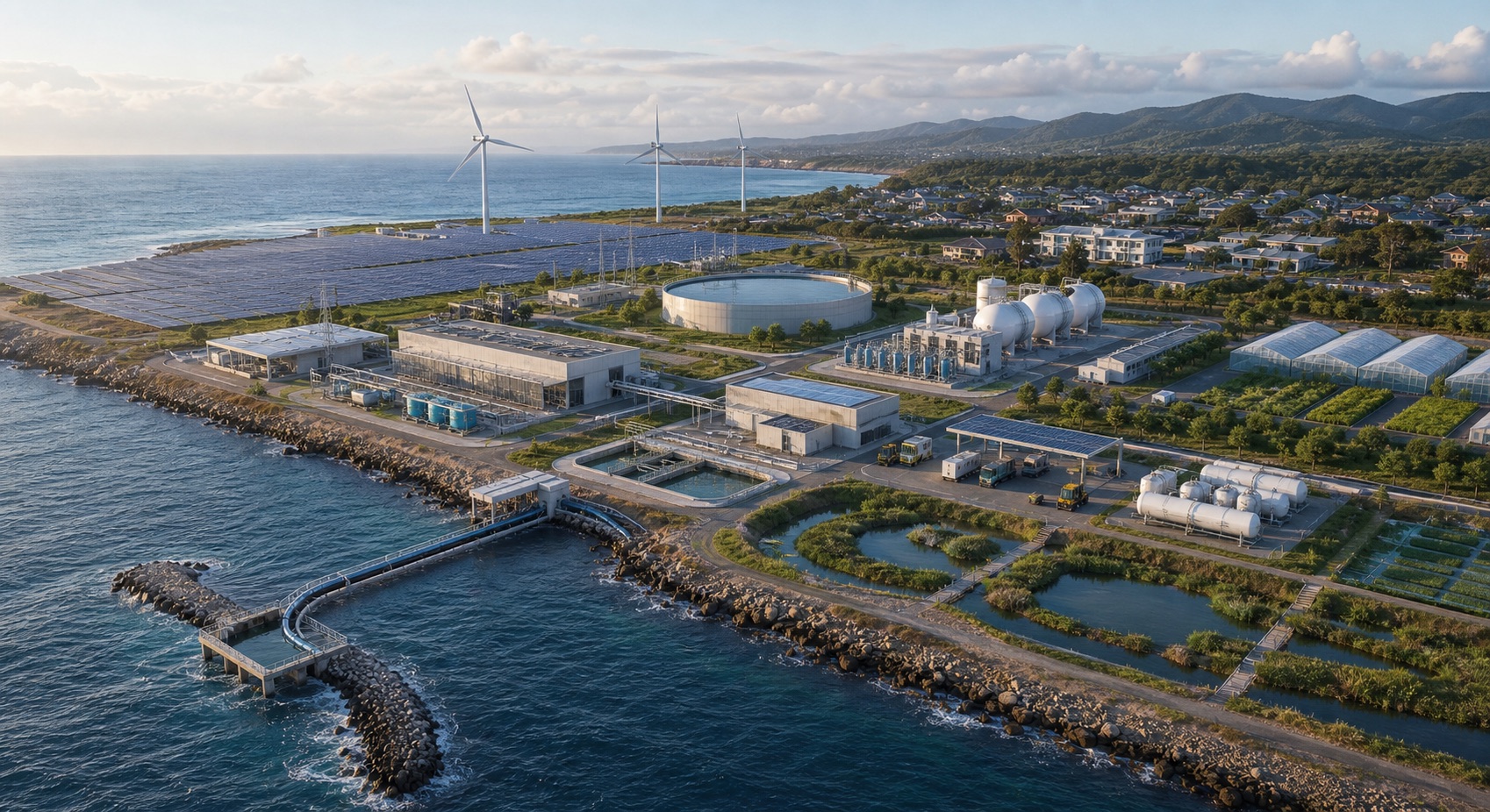 Aerial concept of a coastal water, renewable energy, hydrogen, wetland, food, and community campus